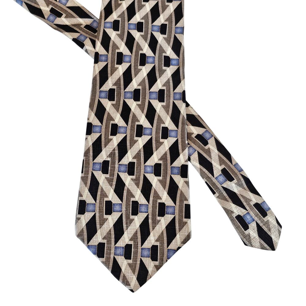 Gianfranco Ruffini Silk Tie Geometric Brown Blue Pattern 3.75x58" Italy USA Vtg